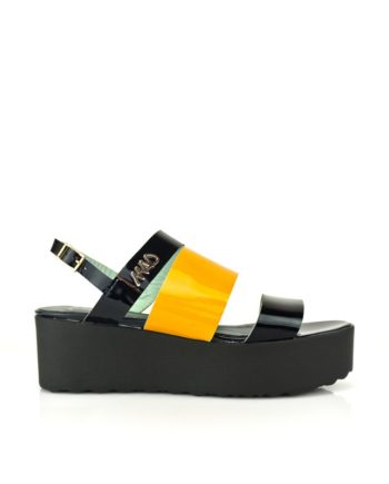 zapatos urbanos de mujer suela gorda bloque de goma p.u en charol amarillo y azul marino