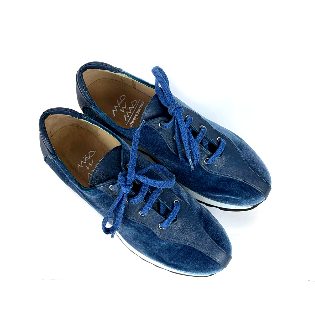 sneakers handmade blue velvet and leather