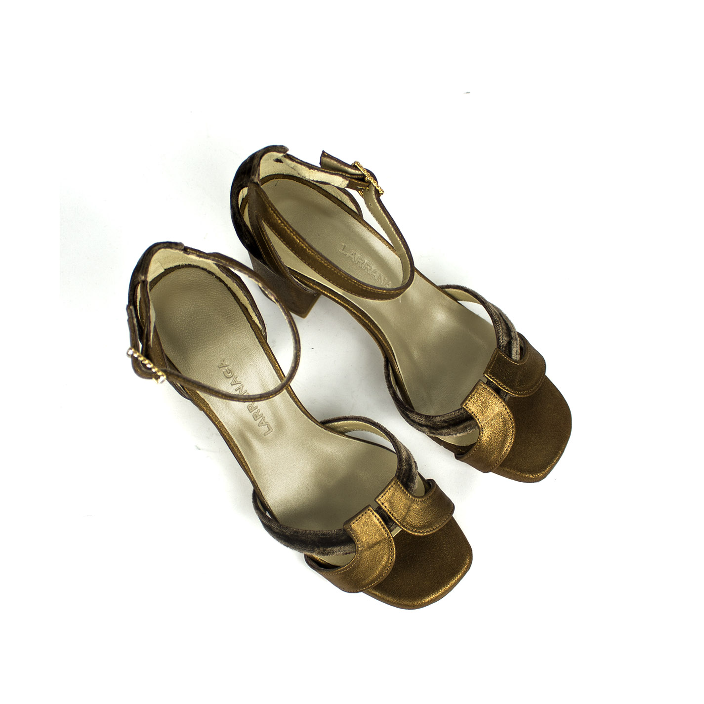 sandalias personalizadas piel metalizada bronce y terciopelo