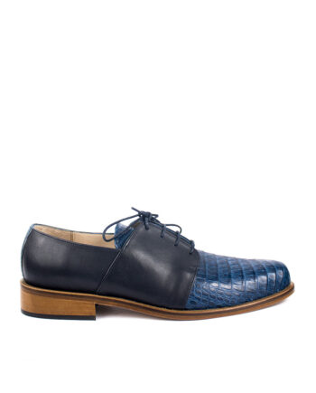Zapato Oxford Combinado en Piel de Cocodrilo Azul Mate y Napa Premium
