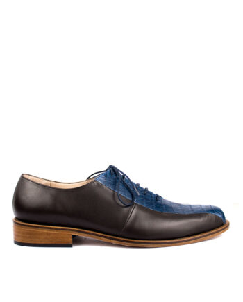 Zapato de Vestir Combinado en Piel Marrón y Auténtica Piel de Cocodrilo Azul Mate