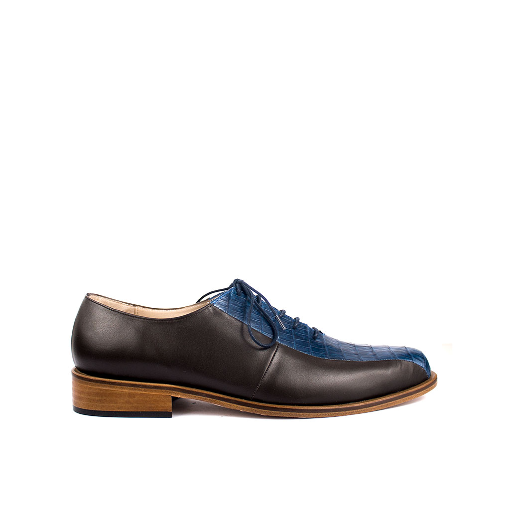 Zapato de Vestir Combinado en Piel Marrón y Auténtica Piel de Cocodrilo Azul Mate