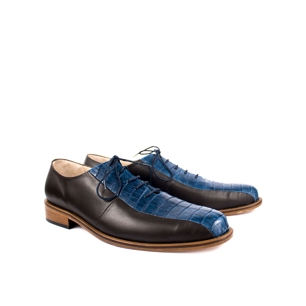 Zapato de Vestir Combinado en Piel Marrón y Auténtica Piel de Cocodrilo Azul Mate