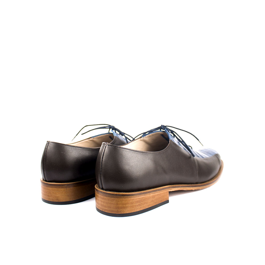 Zapato de Vestir Combinado en Piel Marrón y Auténtica Piel de Cocodrilo Azul Mate