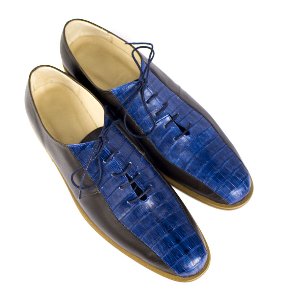 Zapato de Vestir Combinado en Piel Marrón y Auténtica Piel de Cocodrilo Azul Mate